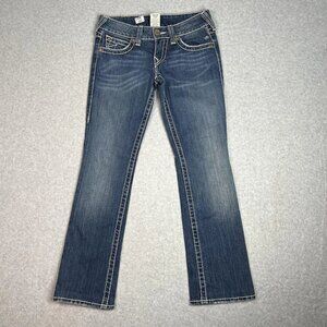 True Religion Jeans Womens 27 Blue Distressed Bootcut Flap Pocket Made USA Denim